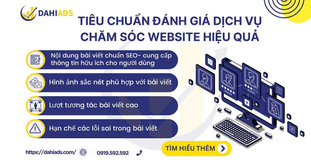 Tiêu chuản đánh giá dịch vụ chăm sóc Website hiệu quả. Dahi Agency